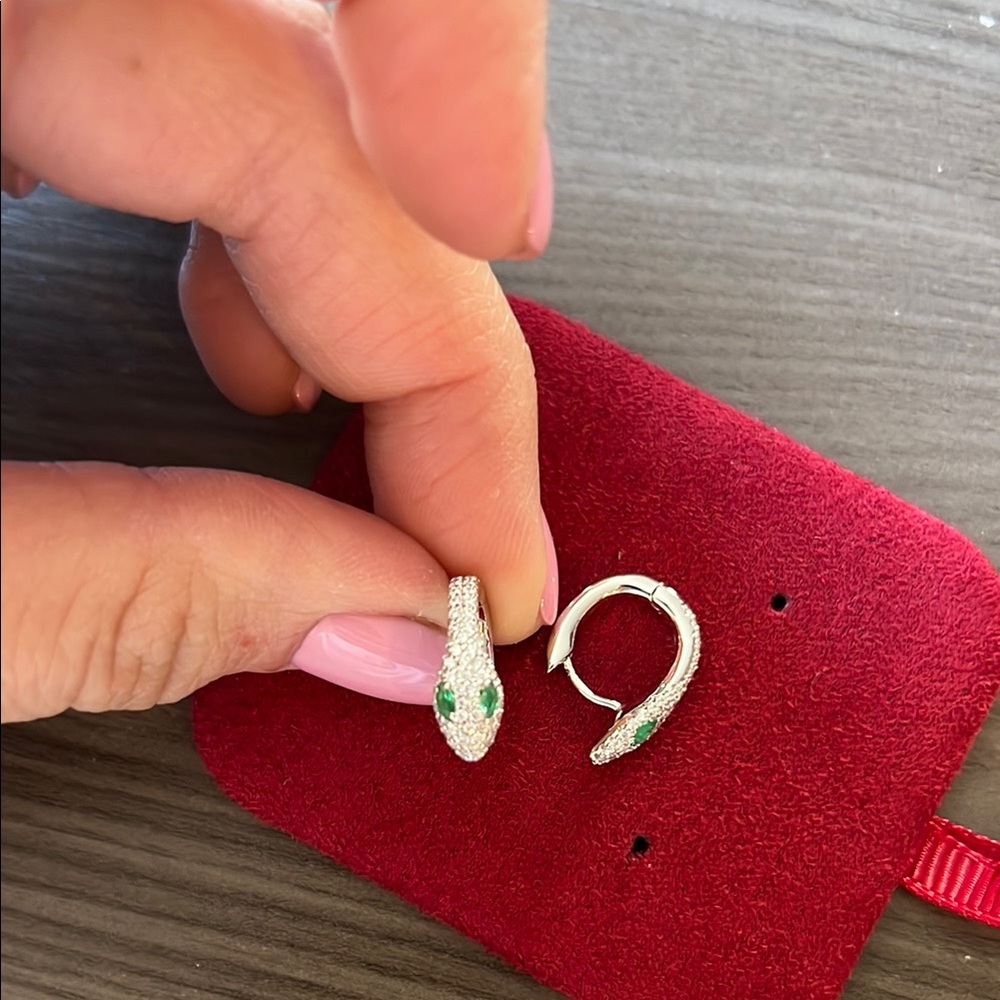 Silver Snake Hoop Earrings with Green Eyes